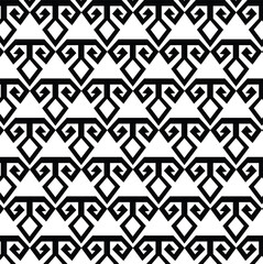 seamless geometric pattern, repeating geometric pattern in black and white, abstract, stylized motifs, two downward-curving or spiraling arms, small diamond or triangular shapes, tessellating design, 