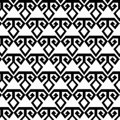 seamless geometric pattern, repeating geometric pattern in black and white, abstract, stylized motifs, two downward-curving or spiraling arms, small diamond or triangular shapes, tessellating design, 
