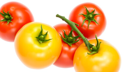 Fototapeta premium Three ripe red tomatoes with green stems on a clean white or transparent backdrop.. isolated with white highlights