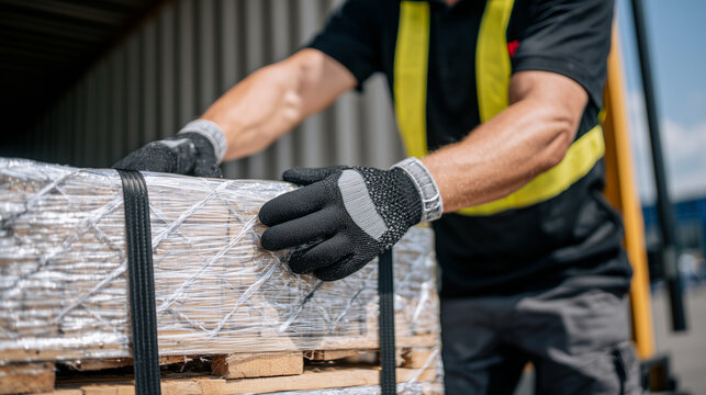 Close-up of hands wearing gloves securing cargo straps on freight pallet inside transport truck