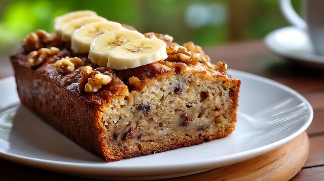 Freshly Baked Banana Nut Bread Topped with Sliced Bananas and Walnuts