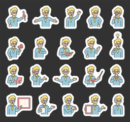 Fototapeta premium Boy guide character set with hands, books, signs, boards, devices, emotions, communication, presentation, teaching, reading, message, symbols, approval, music, and expressive human poses