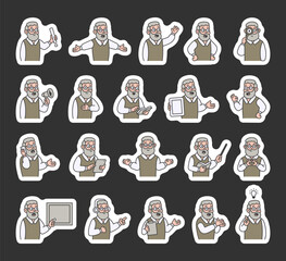 Grandfather guide character set with hands, books, signs, boards, devices, emotions, communication, presentation, teaching, reading, message, symbols, approval, music, and expressive human poses