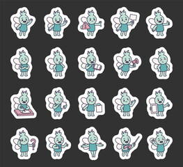 Fairy guide character set showing different school teaching moments with wings, books, hand signs, learning materials and communication tools for yours illustration and creative projects