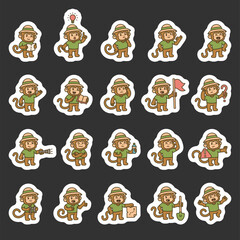 Monkey guide character set created for jungle adventure exploration using tools, maps, gestures, symbols, and ideas to communicate knowledge and emotion during missions