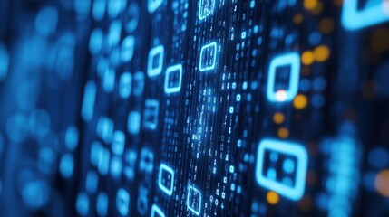 A blue digital background with glowing squares and binary code for futuristic technology theme use