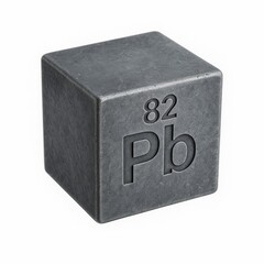 Grey cube of Lead with symbol Pb and atomic number 82