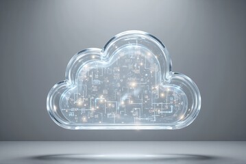 Digital cloud icon glowing with data and circuitry on gray background  