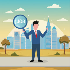 Job search, employee finding new job, career opportunity, employment or recruitment, applicant or candidate search online website concept, businessman magnifying glass searching for new jo