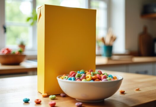 Colorful cereal in a bowl with a bright yellow box on a kitchen counter