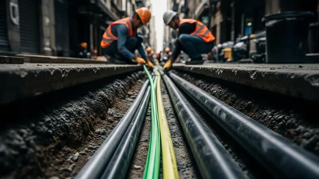 Two men working on underground electric cable installation. Workers laying communication wires street. Infrastructure update city system footage.