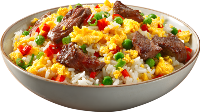 Delicious bowl of asian style fried rice with beef cubes, scrambled eggs, and vegetables on a isolated on white transparent background