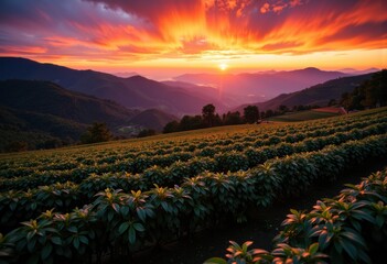 Vibrant sunset over lush green fields and rolling mountains at dusk