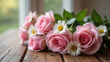 Floral crown made of pink roses and daisies on wooden table