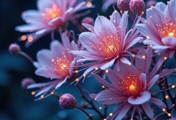 Close-up of glowing pink and purple flowers with illuminated stamens against a dark background