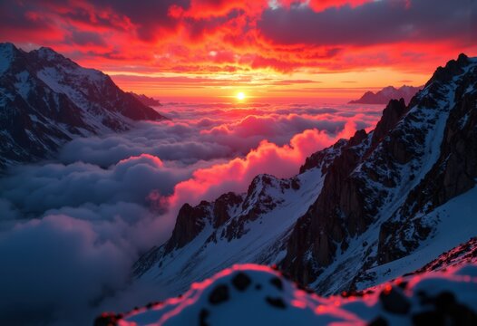 Breathtaking sunset over snow-capped mountains and clouds