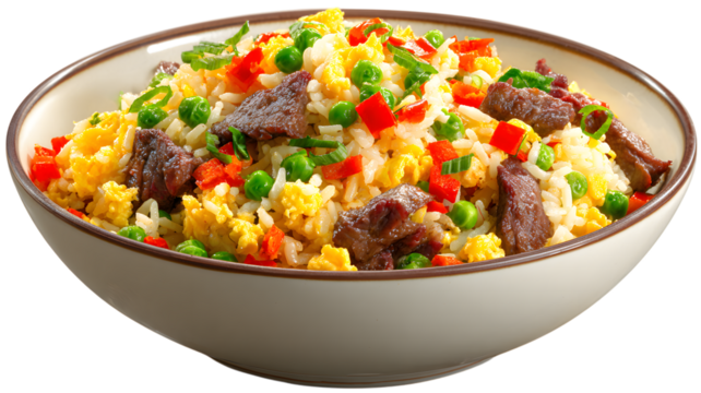 Delicious bowl of flavorful fried rice featuring mixed vegetables, scrambled eggs, and tender pieces of cooked beef displayed isolated on a isolated on white transparent background. - Powered by Adobe