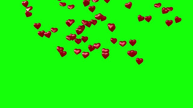 3d rendered animation of flying hearts on green screen