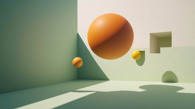 A vibrant and surreal abstract composition featuring geometric shapes and dreamy cloud elements, set against a pastel green background