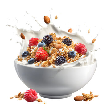Delicious breakfast bowl with granola berries almonds and milk splash on isolated on white transparent background