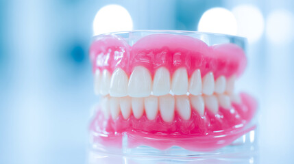 Fototapeta premium A close-up image of a dental model showcasing an upper and lower set of teeth on a transparent base, highlighting dental health and aesthetics.