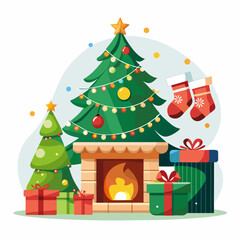 Christmas Eve Cozy Scene Vector Illustration on White Background