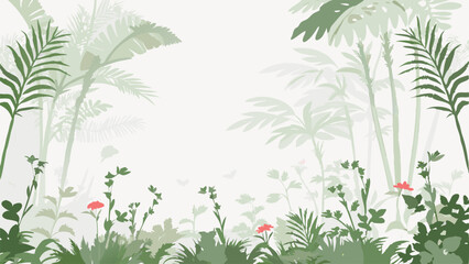 Illustration of a jungle scene with palm trees, foliage, and red flowers in a serene and natural setting