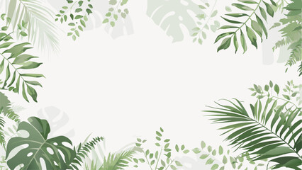 Watercolor illustration of tropical leaves and ferns framing a bright central space for text or design