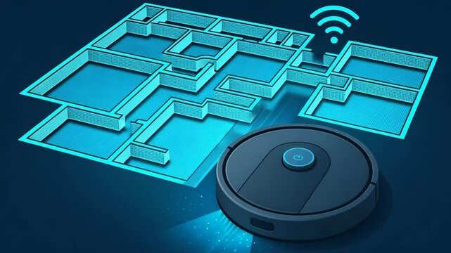A high-tech robotic vacuum cleaner navigates an illuminated floor plan, showcasing modern automation in home cleaning, featuring sleek design and advanced mapping capabilities.