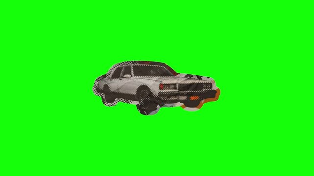 Collage Art Element Classic Car with Paper Folding Motion on Green Screen Background
