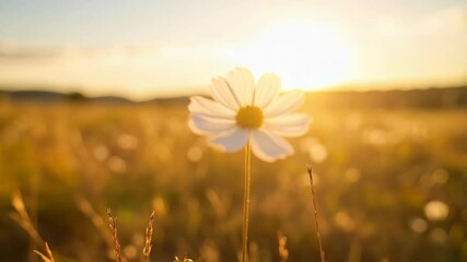 Solitary white cosmos flower blooms at golden hour in a meadow, warm sunlight casting a glow over wildflowers and grass creating a peaceful scene.