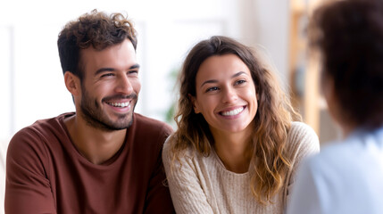 Happy couple sharing a joyful moment indoors, showcasing connection and warmth in their expressions, reflecting love and companionship.