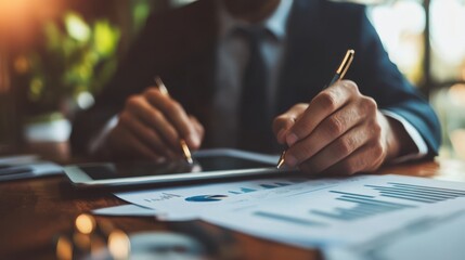Man in suit analyzing data charts with pen and tablet on wooden desk in bright office setting