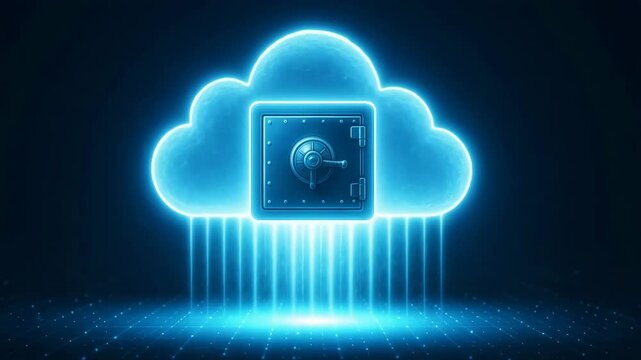 A futuristic illustration of a secure cloud storage concept, featuring a glowing cloud with a digital vault. Ideal for representations of data security and modern technology.