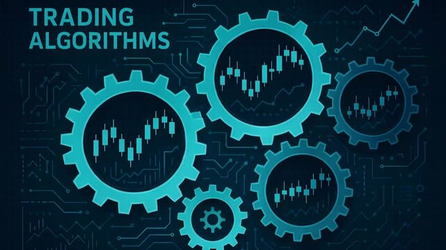 This image features a digital representation of trading algorithms, showcasing gears interlinked with financial graphs. Ideal for financial technology and data analysis themes.