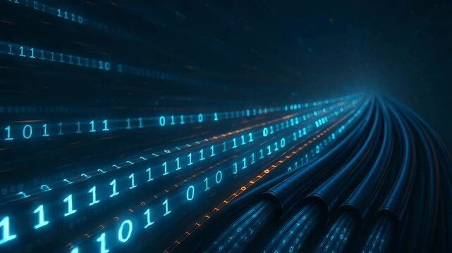 An abstract representation of data transmission, featuring flowing binary code