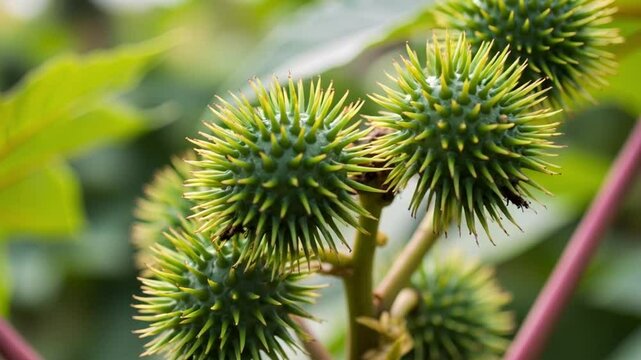 Spiky green castor bean fruits up close, macro view of toxic texture in sunlight garden, concept: toxicology, pharmaceutical, agricultural education