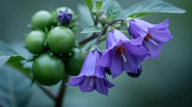Bell-shaped purple flowers and green fruit of deadly nightshade, macro close-up in shaded woodland, concept: toxicology research, botanical medicine, health awareness