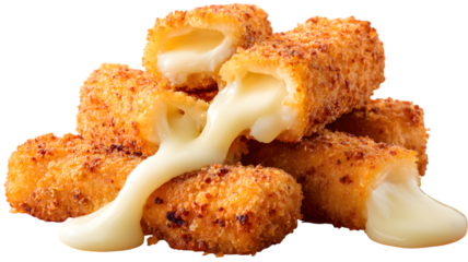 Delicious fried cheese sticks with melted cheese flowing out displaying a golden crunchy texture isolated on isolated on white transparent background