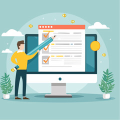 Online job application, career or employment submission form, candidate recruitment, job search or resume and CV document upload concept, businessman hold pencil fill in computer job application for