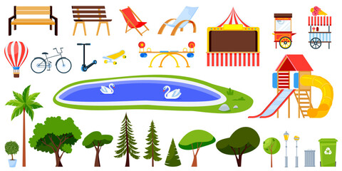 City park flat cartoon icons. Vector landscape design elements. Garden trees, pond, benches and playground