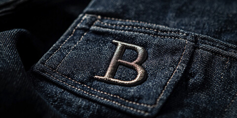 Minimalist "B" logo stitched on premium denim pants, subtle metallic thread, modern fashion.
