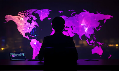 Silhouetted figure faces a world map projection on a screen in a dark office