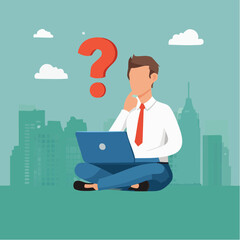 Contemplation, doubt or unsure, curiosity thinking to solve problem, question in the head, uncertainty or confusion, decision concept, businessman thinking on computer laptop with doubt question mar