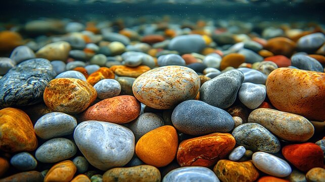 Pebbles underwater, colorful, smooth, varied sizes, shallow - Powered by Adobe