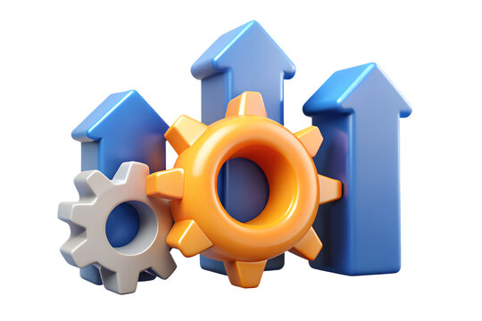 Business growth and development conceptual illustration of gears arrows and progress in 3d rendering with black background