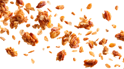 Delicious granola pieces and nuts in artistic levitation on a background of geometric shapes ideal for breakfast advertising isolated on white transparent