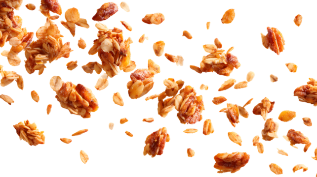 Delicious granola pieces and nuts in artistic levitation on a background of geometric shapes ideal for breakfast advertising isolated on white transparent