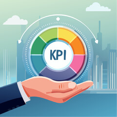 Fototapeta premium KPI key performance indicator, success benchmark or measuring goal achievement, metric or comparison standard, winning target dashboard concept, businessman hand with KPI performance gauge .