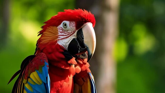 Beautiful red macaw parrot portrait with vibrant feathers and striking eye, perched against a blurred green natural background in a tropical environment